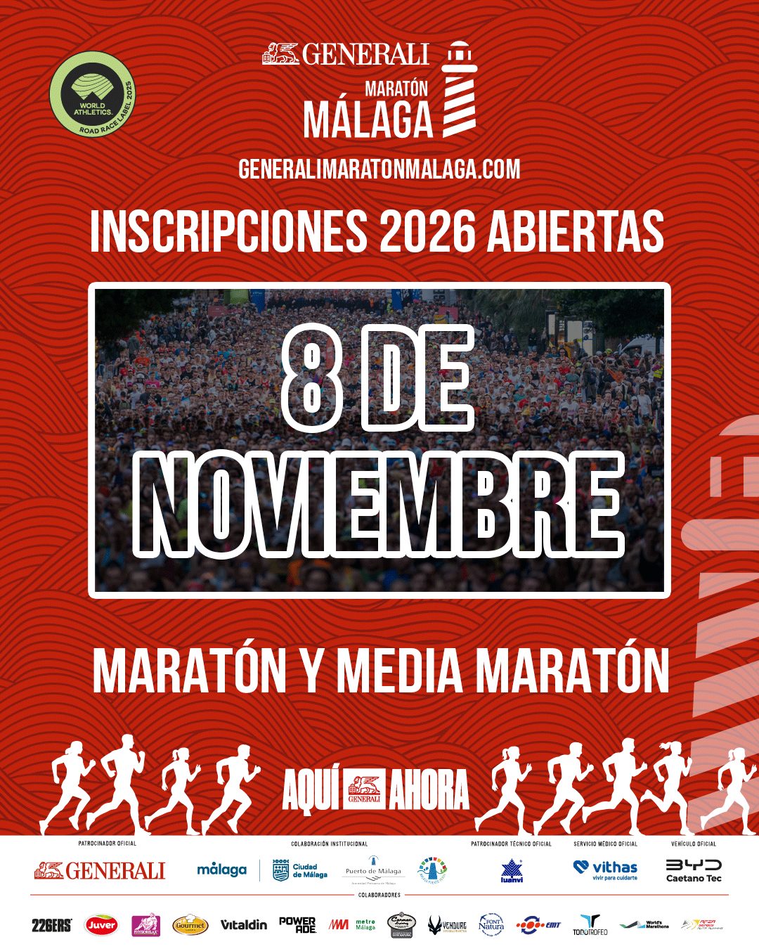 Cartel del Generali Maratón de Málaga 2026: domingo 8 de noviembre, maratón y media maratón
