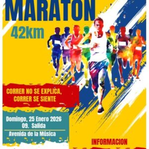 Cartel oficial del VIII Almagro Maratón, 25 de enero de 2026, salida en la Avenida de la Música