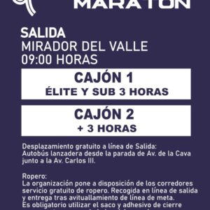 Infografía oficial del I Maratón Imperial de Toledo 2026: salida en el Mirador del Valle a las 9:00 y cajones