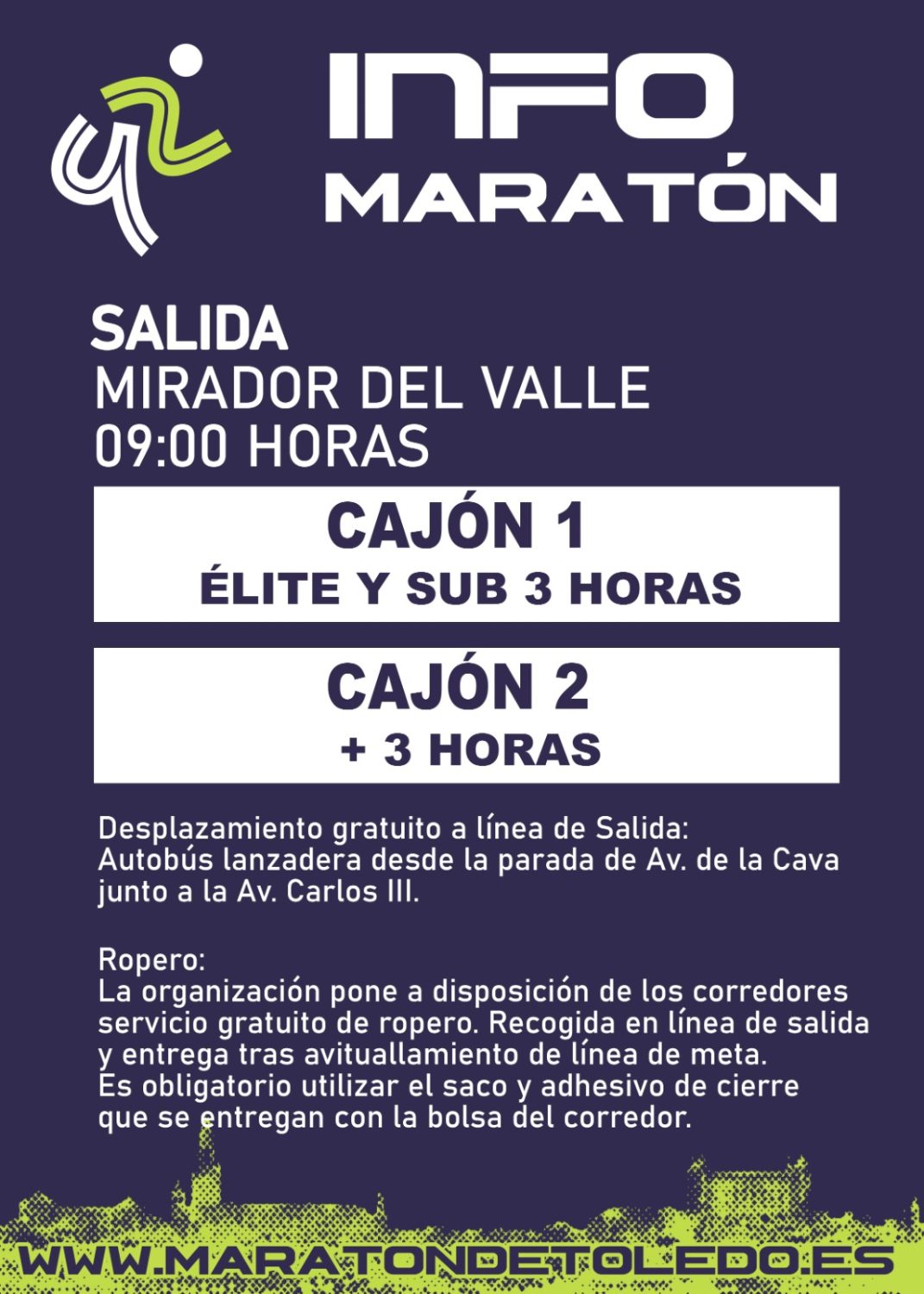 Infografía oficial del I Maratón Imperial de Toledo 2026: salida en el Mirador del Valle a las 9:00 y cajones