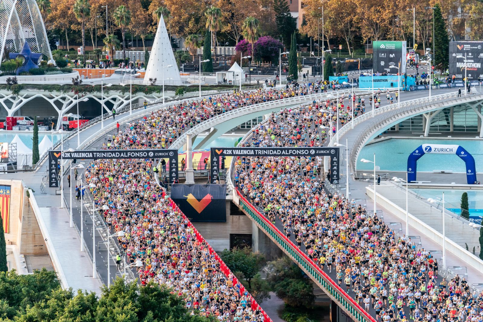 Corredores del Maratón Valencia junto a la Ciudad de las Artes y las Ciencias