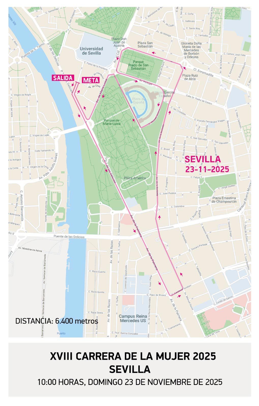 Plano del recorrido de la Carrera de la Mujer de Sevilla con salida y meta en la calle de la Rábida